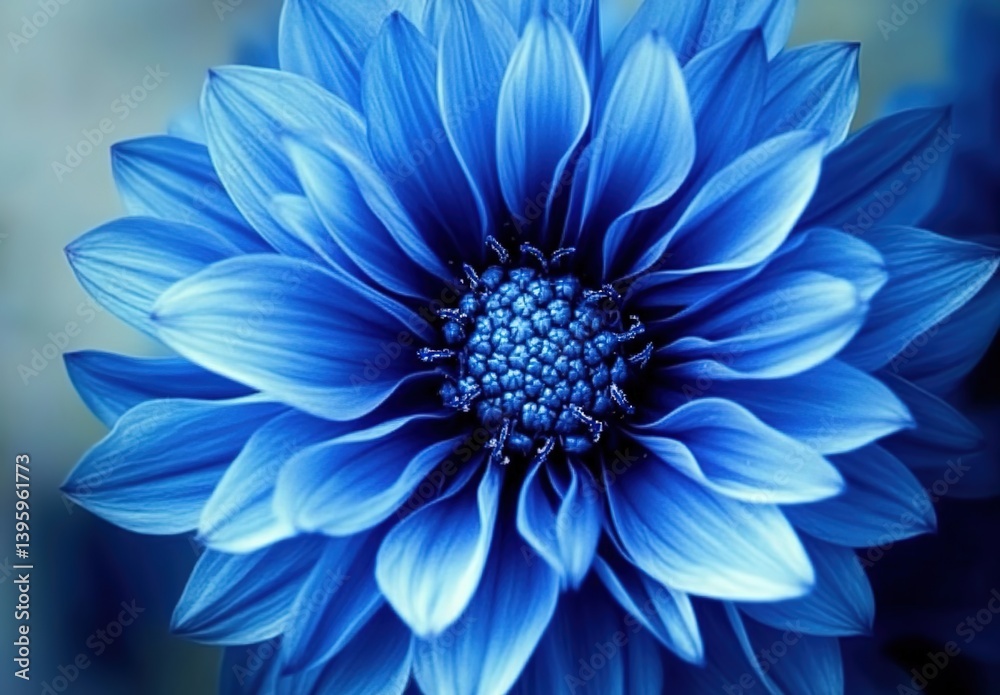 Obraz premium Close-up of a vivid blue flower with layered petals and intricate stamen cluster, soft blue gradient background