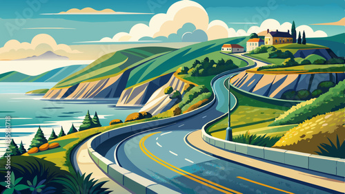Empty scenic coastal winding road on a summer day. Section of the iconic Vico Road on the South Dublin coastline, Ireland.
