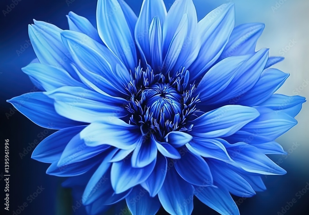 Obraz premium Close-up of a vivid blue flower with layered petals and intricate stamen cluster, soft blue gradient background