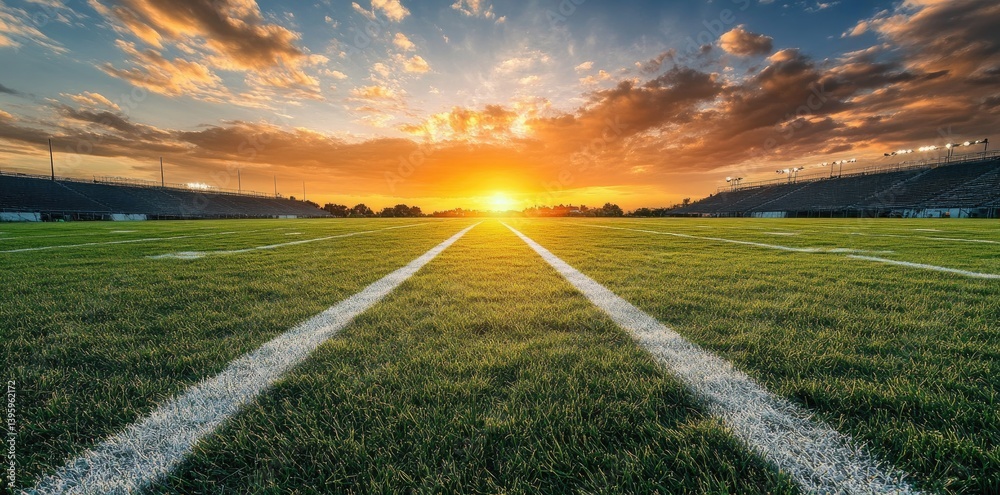 Sunset over a football field with vibrant skies and empty bleachers in the background Sunset over a football field with vibrant skies and empty bleachers in the background