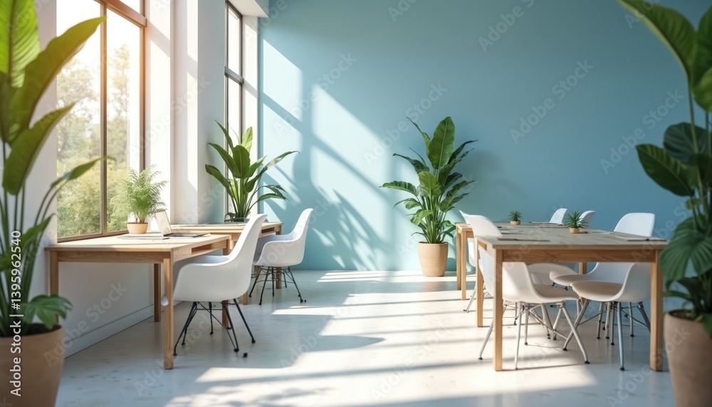 Fototapeta premium Bright, open-plan office interior with white, blue design. Modern workspace with stylish furniture. Light streams through windows, creating airy atmosphere. Plants adding eco touch. Interior design