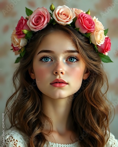 Wallpaper Mural image d'une belle femme qui a des cheveux châtains foncés et qui porte une couronne de roses sur la tête  Torontodigital.ca