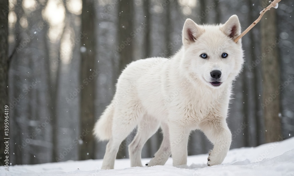 Obraz premium Curious white puppy with striking blue eyes walking through a snowy forest