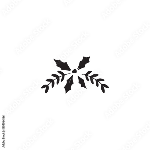Simple black and white holly sprig graphic design.A stylized, black and white graphic of a holly sprig.