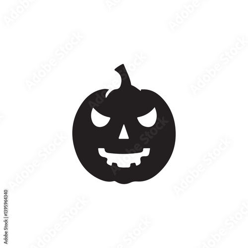 Simple black and white silhouette of a spooky Halloween pumpkin.A solid black silhouette of a jack-o'-lantern pumpkin with an ominous, mischievous face.