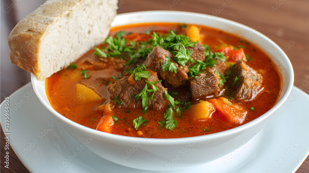 Delicious Hungarian Goulash with Tender Chunks of Beef, Fresh Vegetables, and Fresh Parsley Garnish Delicious Hungarian Goulash with Tender Chunks of Beef, Fresh Vegetables, and Fresh Parsley Garnish