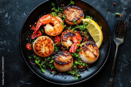 Grilled scallops and shrimp served on a plate with lemon and microgreens on a dark surface