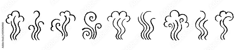 Smoke steam icon. Line doodle smell vector. Line smoke, scent, hot air. Crayon smell or wind steam icon. Hand drawn illustration. Heat wave with coffee aroma. Fire swirl. Line sketch of cooking smoke