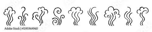 Smoke steam icon. Line doodle smell vector. Line smoke, scent, hot air. Crayon smell or wind steam icon. Hand drawn illustration. Heat wave with coffee aroma. Fire swirl. Line sketch of cooking smoke