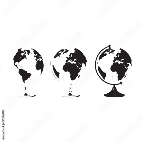 Set of 3 black globes featuring world map illustrations, perfect for educational use