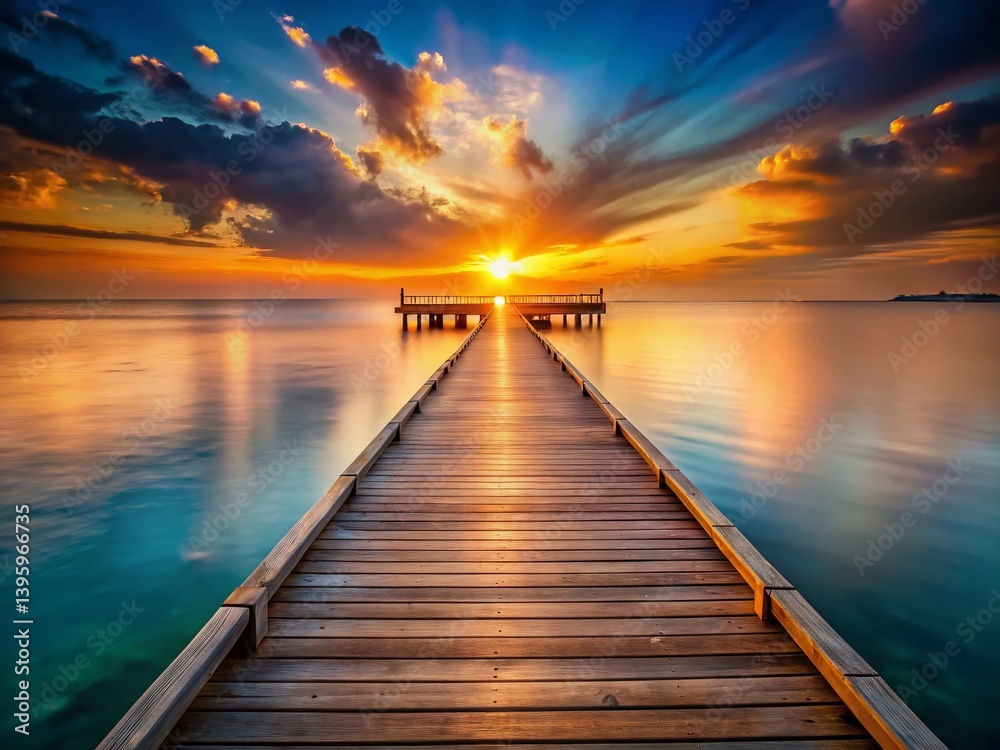 Fototapeta premium Long Exposure Sunset Pier Photography - Calm Ocean Waves & Golden Sky