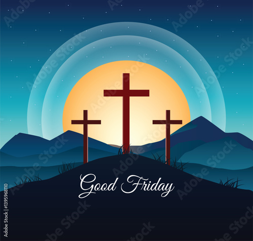 Good Friday background with dark blue tones and mountain silhouette illustration 