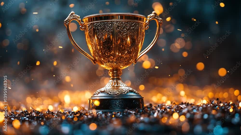 Gold trophy award ceremony, celebration on dark background Gold trophy award ceremony, celebration on dark background