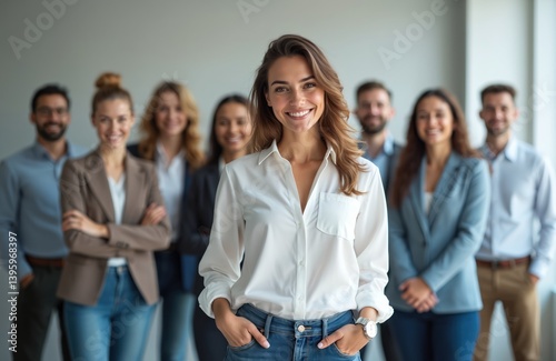 Happy young businesswoman standing with team diverse employees. Female leader smiling at camera, team members in blurred background. Corporate success, female leadership business concept.