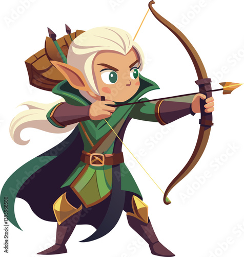 Elegant elf archer aiming a bow. Pointy ears, fantasy costume, and magical vibes. Vector character for fantasy stories, games, and kids' books.