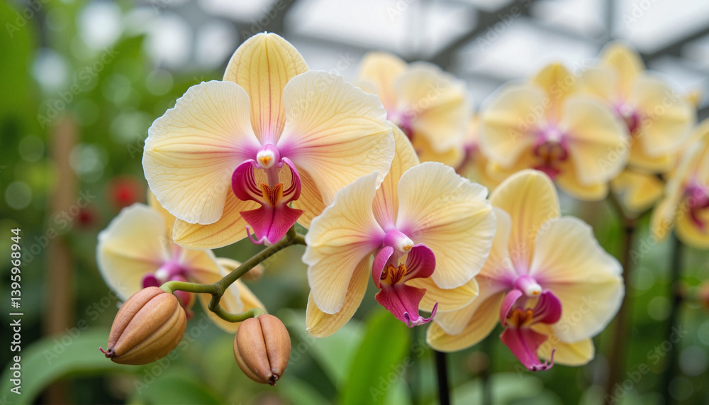 Blooming orchids in greenhouse, exotic seasonal beauty Blooming orchids in greenhouse, exotic seasonal beauty