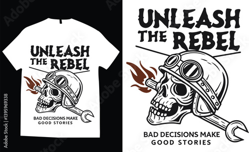 Motorcycle skull helmet piston gear engine speed rider byker t-shirt design distressed vector illustration