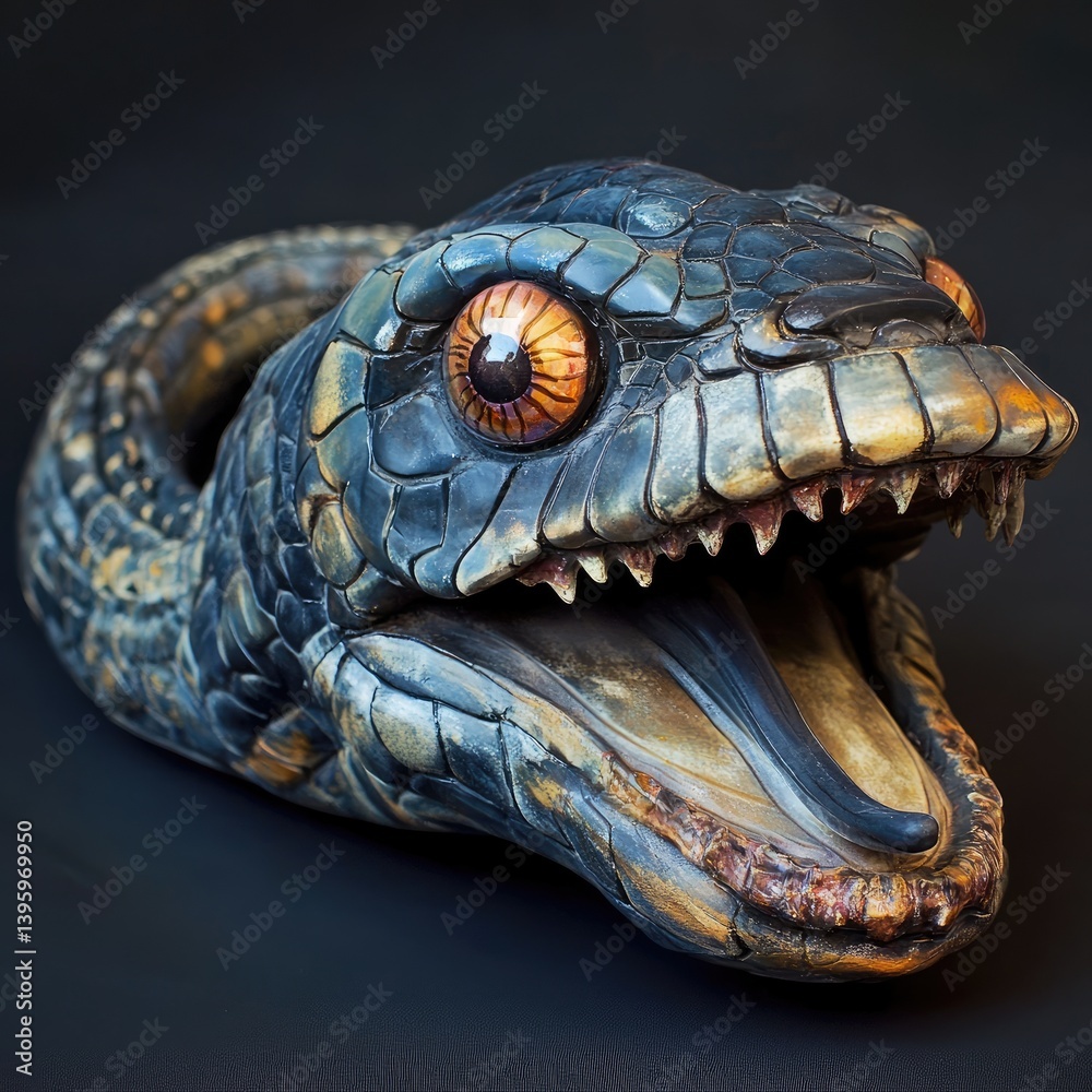 Naklejka premium A highly detailed, artistic sculpture of a snake with an open mouth, showcasing intricate textures and colors against a dark background, ideal for nature-themed art collections