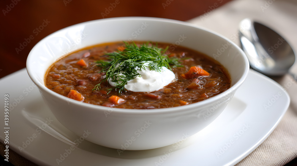 Hungarian Bean Soup with Sour Cream and Fresh Dill in White Bowl on Wooden Table Hungarian Bean Soup with Sour Cream and Fresh Dill in White Bowl on Wooden Table