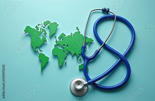 World Health Day concept photo. Green world map with blue stethoscope on blue background. Healthcare, global medicine, wellness, environment, ecology, planet, health, clinic, care.