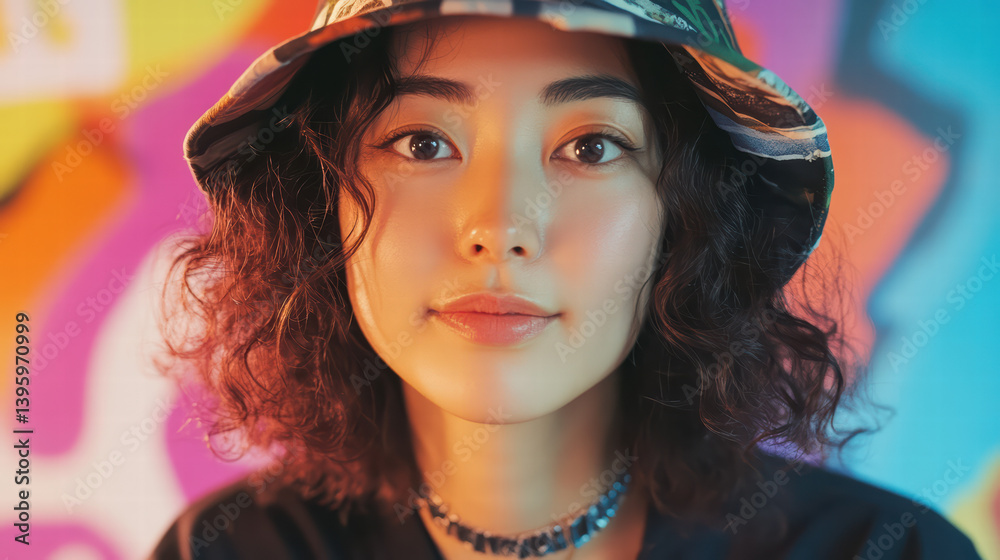 Naklejka premium Urban Street Style Portrait: A young woman with expressive eyes, styled with a trendy bucket hat, leans confidently against a vibrant graffiti backdrop.