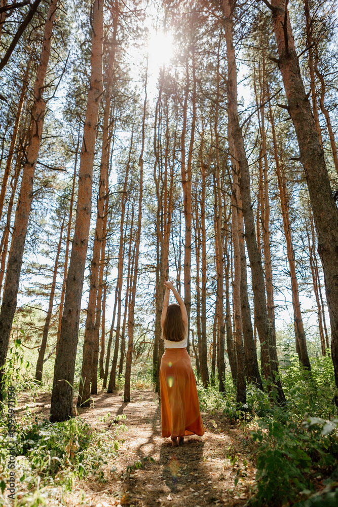 beautiful young woman walks in the woods in the summer, meditates beautiful young woman walks in the woods in the summer, meditates
