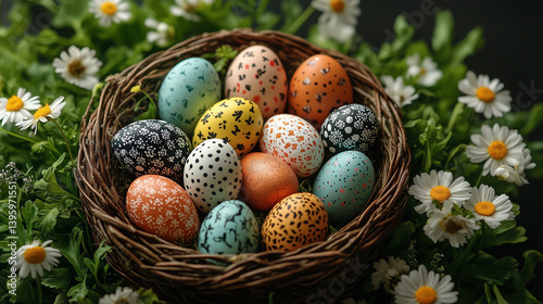 Wicker basket with twelve painted Easter eggs, each with unique patterns and colors, placed on grass and surrounded by blooming daisies outdoors.