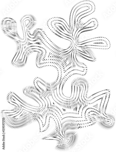 Complex abstract form featuring protruding organic mesh structures with grunge textures and fluid dynamics.