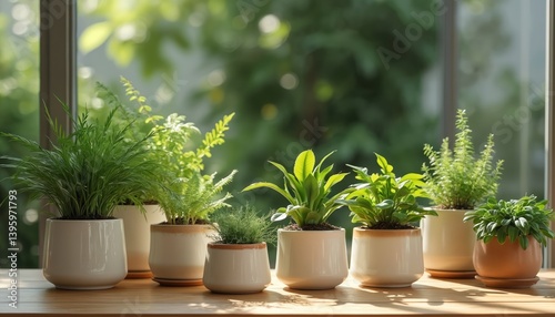 Variety of houseplants in ceramic pots on wood table near window. Indoor gardening, home decoration. Foliage green plants theme. Home interior, cozy environment. Plants require light, watering,