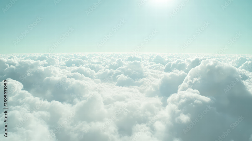 Naklejka premium Above the Clouds: A breathtaking panorama of a sea of fluffy clouds stretching endlessly under a clear, bright sky.