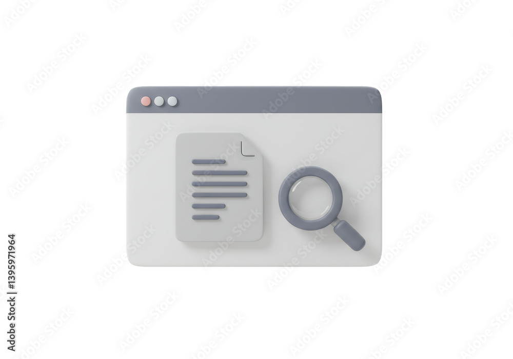 Isolated Browser Window 3D Rendering with Document and Magnifying Glass Isolated Browser Window 3D Rendering with Document and Magnifying Glass