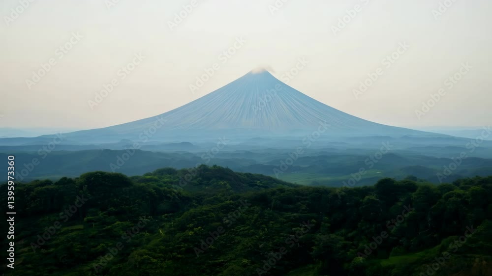 A serene view of a majestic mountain surrounded by lush greenery and soft light. A serene view of a majestic mountain surrounded by lush greenery and soft light.