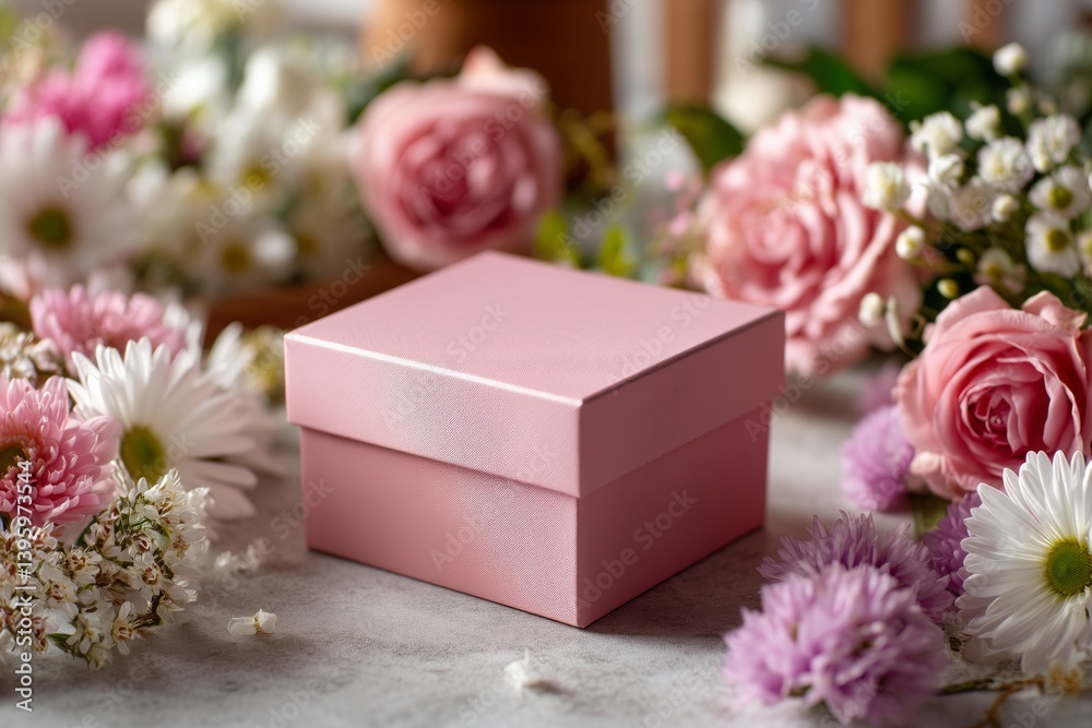 Obraz premium Delicate Pink Box Surrounded by Colorful Flowers During a Sunny Afternoon