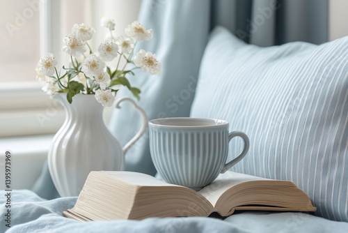Enjoying a Cozy Afternoon With Books, Tea, and Fresh Flowers in a Soft Living...