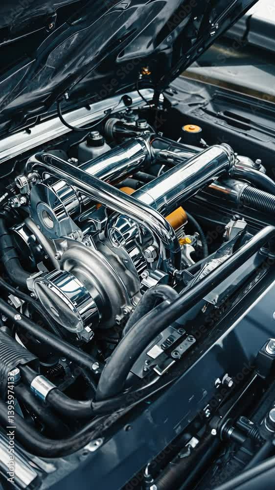 Close-up view of a detailed car engine showcasing chrome components and performance upgrades in a workshop setting Close-up view of a detailed car engine showcasing chrome components and performance upgrades in a workshop setting
