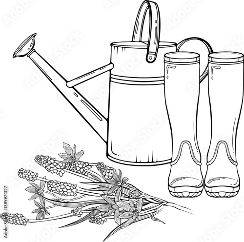 Spring composition with a metal watering can, rubber boots and bouquet of flowers. Gardening equipment. Vector illustration in hand drawn sketch style. Line art isolated on white for coloring book