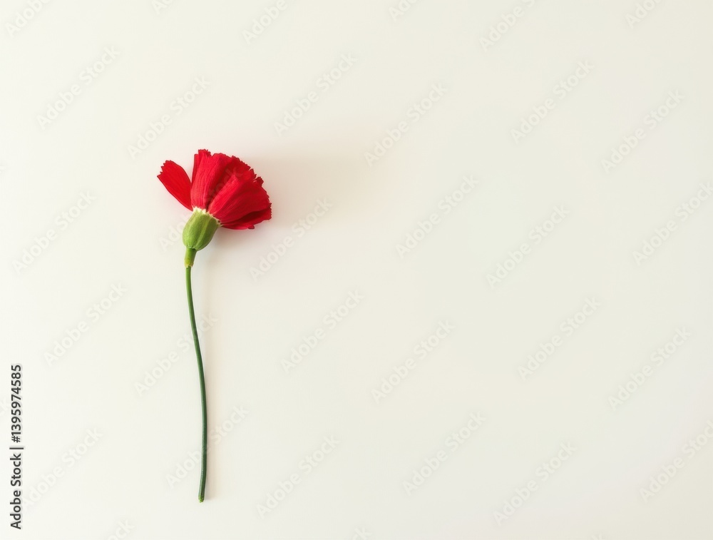 Fototapeta premium composition featuring a single red carnation against a soft white background