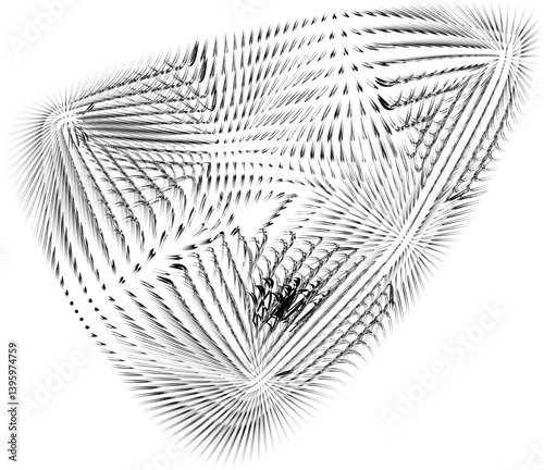 Triangular form composed of warped mesh lines bending into organic curves and soft angles.