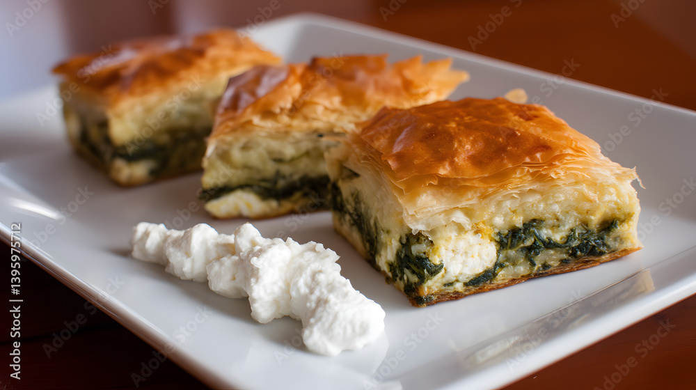 Delicious Spinach and Cheese Phyllo Pastry Squares with Creamy Side on Elegant Plate Delicious Spinach and Cheese Phyllo Pastry Squares with Creamy Side on Elegant Plate