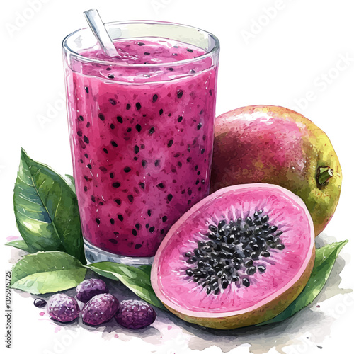 Dragon Fruit Juice, watercolor illustration, isolated on a white background.


