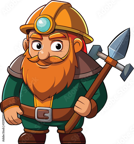 Funny dwarf miner with pickaxe and helmet. Fantasy worker character for adventure games, mining concepts, or fairy tale themes. Editable vector art.