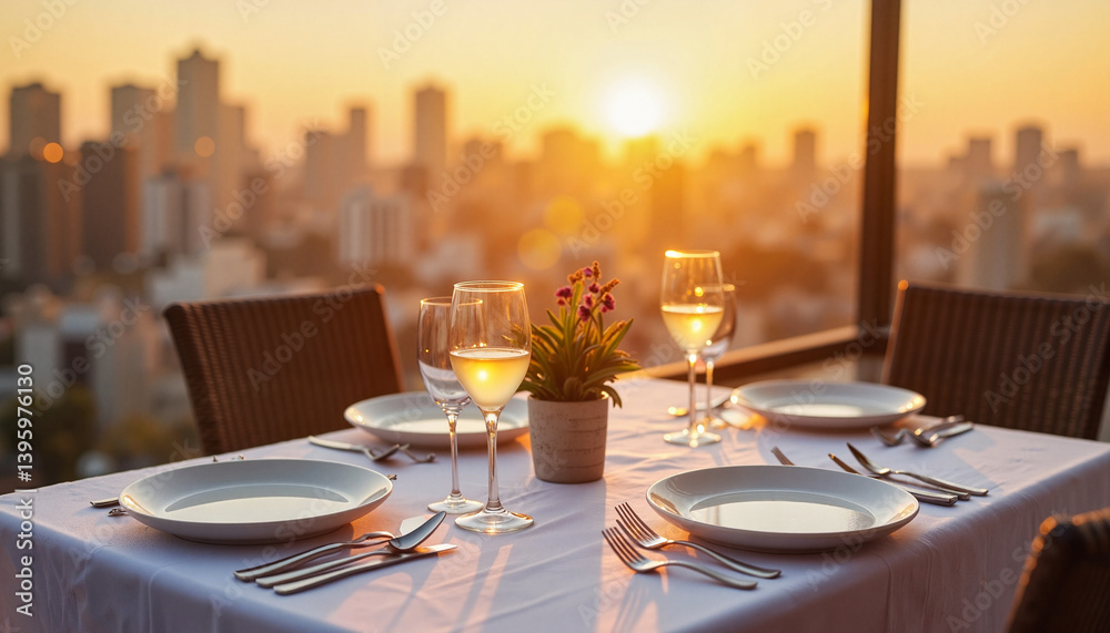 Fototapeta premium Elegant rooftop dinner setting at sunset, romantic ambiance