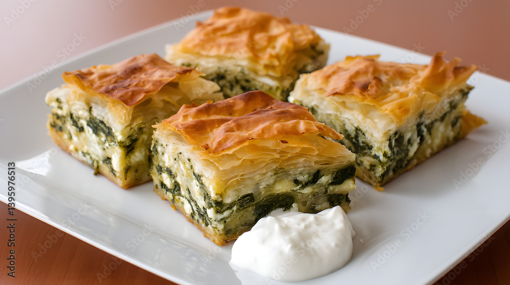 Delicious Spinach and Cheese Pie with Flaky Phyllo Pastry Served on Elegant Plate Delicious Spinach and Cheese Pie with Flaky Phyllo Pastry Served on Elegant Plate