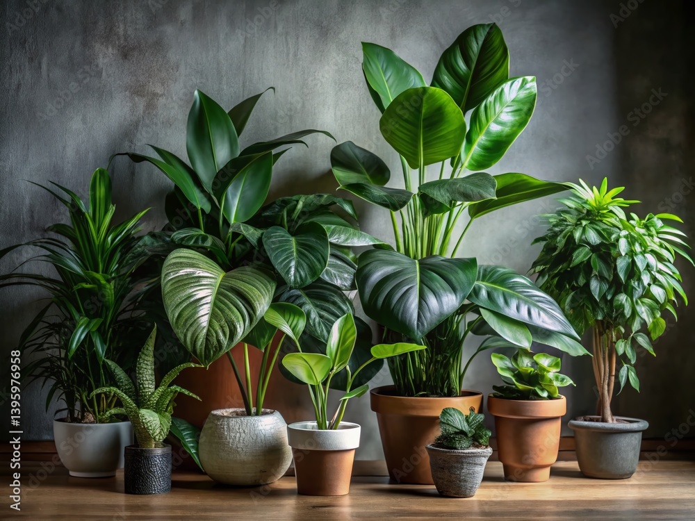 Obraz premium Low Light Indoor Houseplant Arrangement: Monstera, Snake Plant, Pothos, ZZ Plant, Fiddle Leaf Fig, Peace Lily