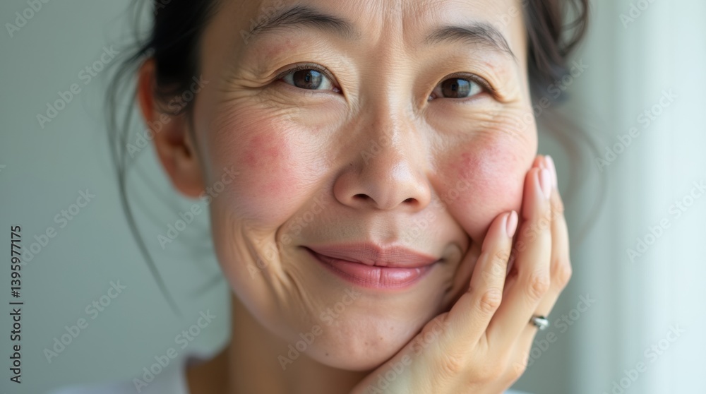 Asian woman in her 50s with noticeable skin blemishes and wrinkles , the lady have her hand on her cheek to emphasize her skin Asian woman in her 50s with noticeable skin blemishes and wrinkles , the lady have her hand on her cheek to emphasize her skin