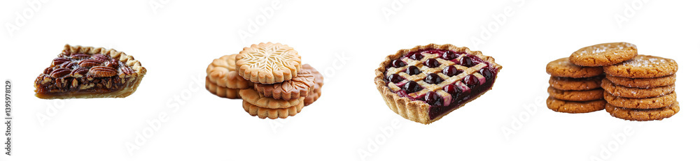 Assorted pastries selection: pecan pie, shortbread, cherry pie, ginger cookies, cut out transparent Assorted pastries selection: pecan pie, shortbread, cherry pie, ginger cookies, cut out transparent