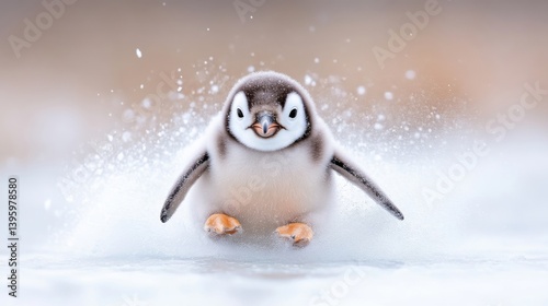 Adorable baby penguin taking a playful leap on ice.  A tiny, fluffy penguin chick, with soft downy feathers, is depicted in a dynamic pose,