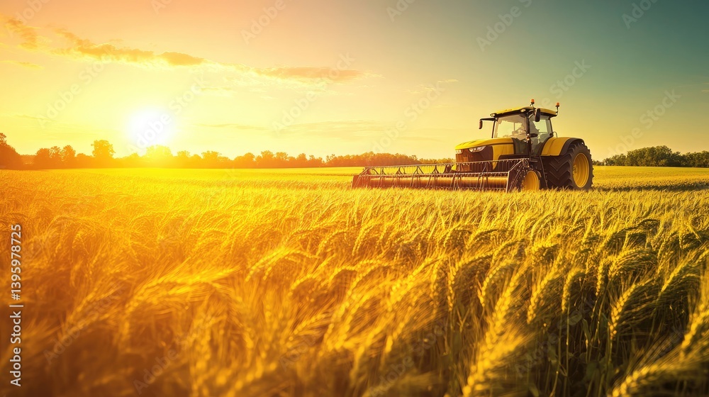 Fototapeta premium Golden wheat field at sunset with tractor