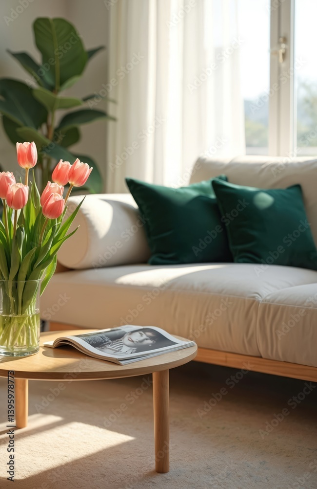 Naklejka premium Cozy living room bright interior with sofa green pillows, fresh pink tulips in a vase, wooden coffee table with magazine. Natural light, modern home decor and comfortable atmosphere.