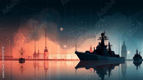 Navy warship in digital night port with glowing cityscape and fireworks. Futuristic maritime security background.
